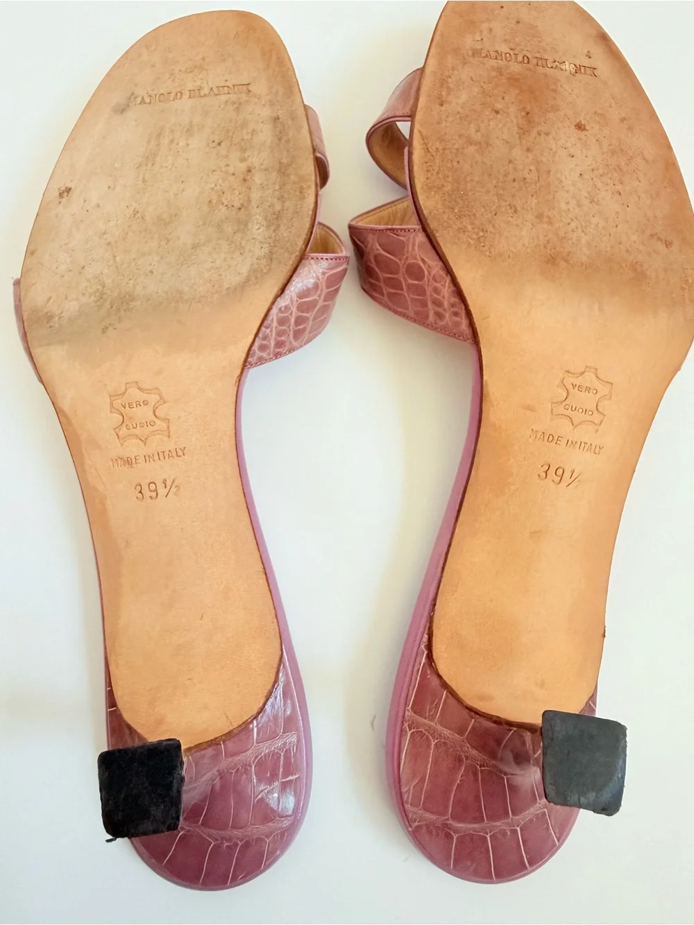 Manolo Blahnik Callamu Lilac Pink Crocodile Leather Crisscross Mules Heel 39.5 - Picture 6 of 8